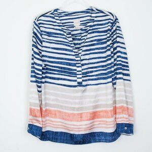 Chicos Womens Striped V Neck Blouse Size L Lightweight‎ Coastal Office Career